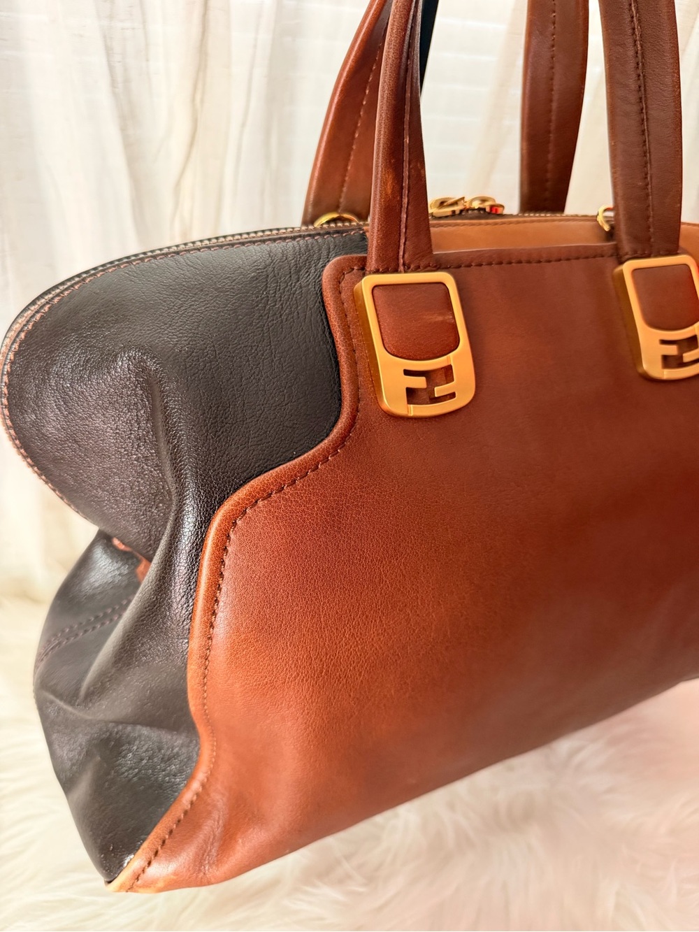 Fendi Two-Tone Brown Dark Brown and Black Leather Satchel with Gold Accents - Picture 6 of 13